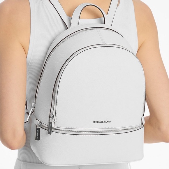 Michael Kors Rhea Medium Pebbled Leather Backpack Optic White - Picture 1 of 10